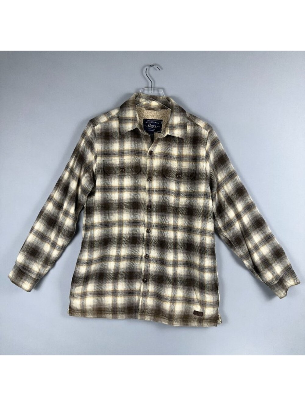 G.H. Bass & Co. Flannel Plaid Jacket Size Small Lined Beige Brown Flap Pockets